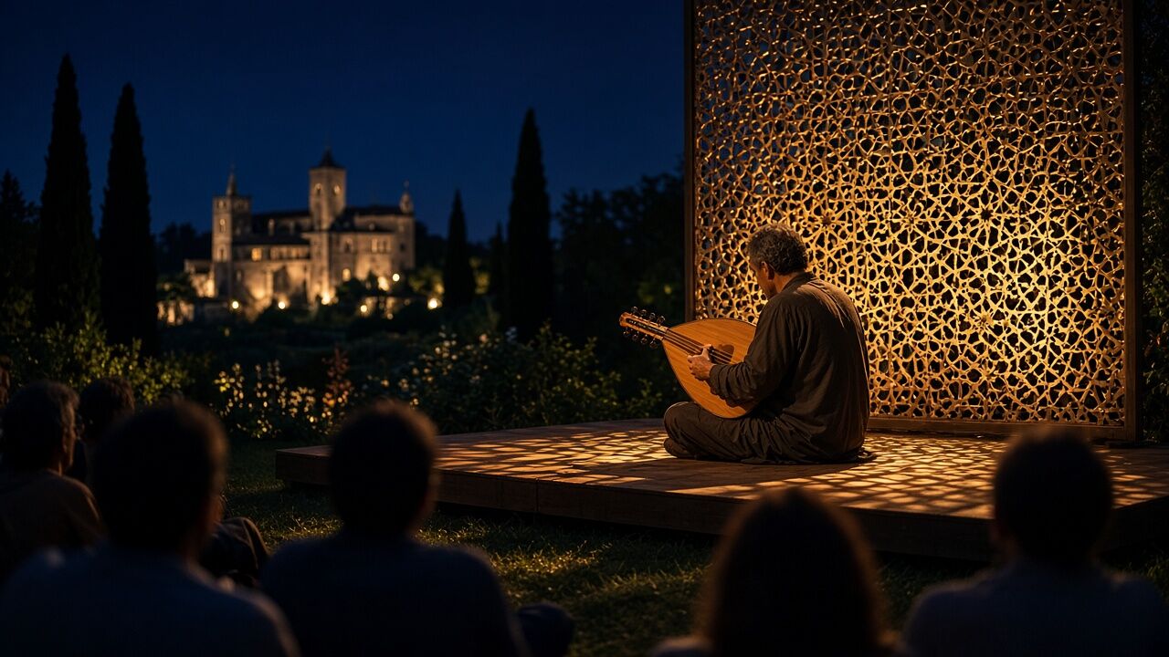 Musicien de dos à l’oud, claustra géométrique doré, château en fond