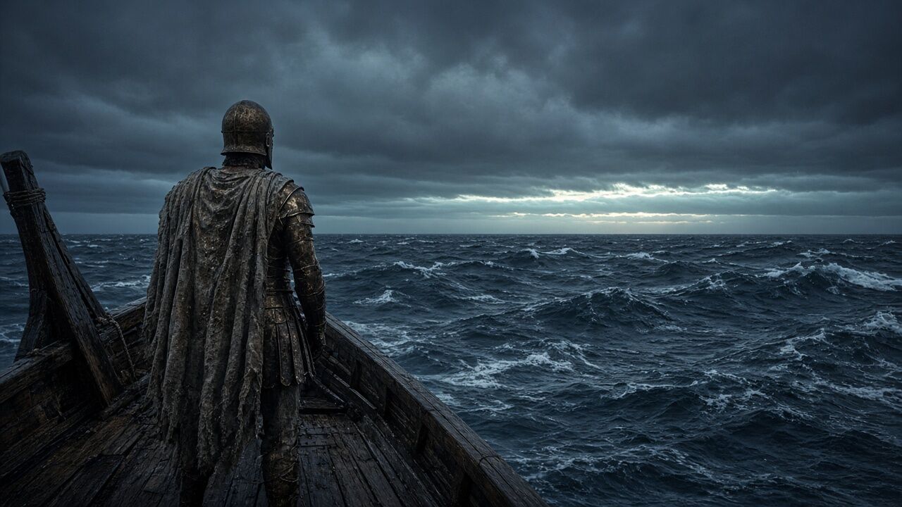 Guerrier de dos à la proue d’un navire face à une mer d’orage